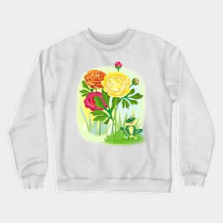 fresh raunculus of different colors and frog Crewneck Sweatshirt